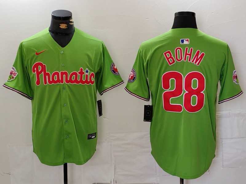 Mens Philadelphia Phillies #28 Alec Bohm Green With Patch Stitched Cool Base Nike Jersey